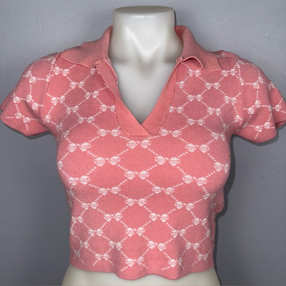 Luna Ivy Top Women’s S Pink And White Bows Cropped Polo Shirt knit